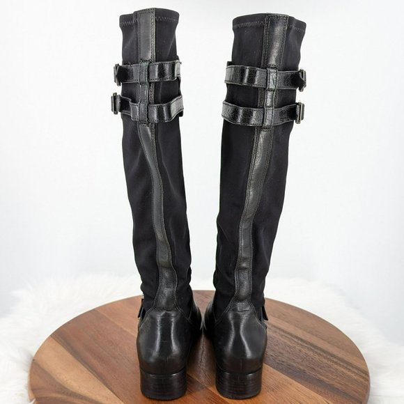 Cole Haan Tennley Knee High Boots 7.5 B Black Leather Stretch Buckles Pull On - Picture 9 of 13